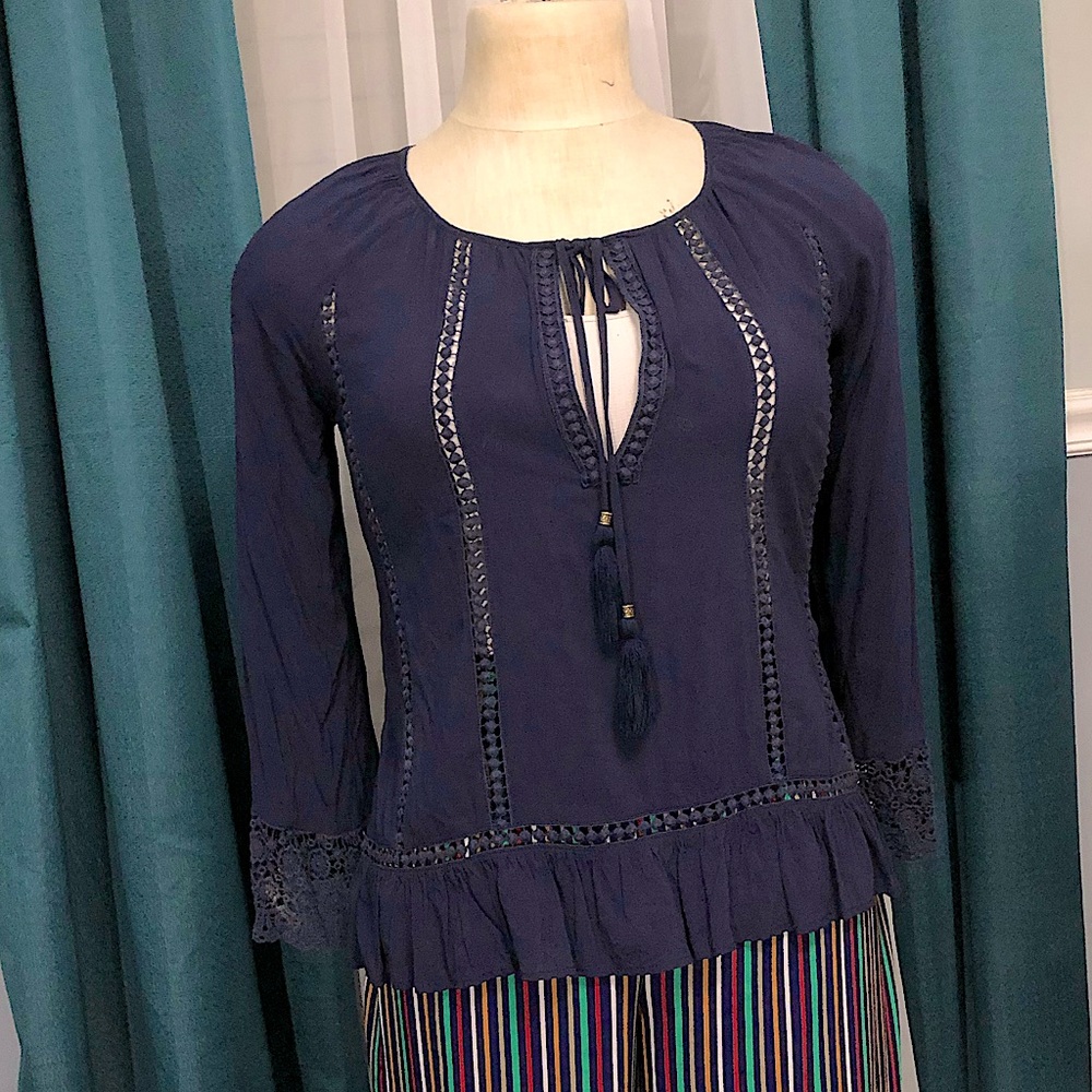 Navy Boho Peasant Tunic Blouse